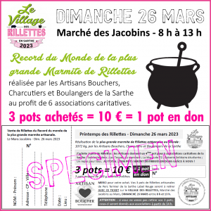 Vente caritative de Rillettes pendant le Village des Rillettes, dimanche 26 mars matin, marché des Jacobins, Le Mans