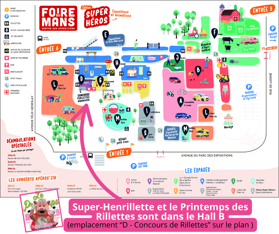 Plan de la Foire du Mans 2025. Emplacement du stand Printemps des Rillettes, Hall B