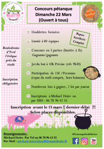 Concours de pétanque à Yvré l'Evêque le 22 mars.